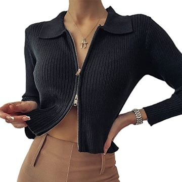 ZAFUL Women's Cozy Cropped Zip Fly Cardigan Sweater - Versatile Fashion Layering