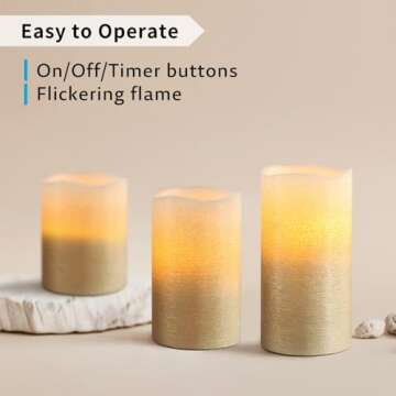 FURORA LIGHTING Gold Ombre Real Wax LED Pillar Candles Pack of 3, Slow-Crafted Glitter Flameless Candles with 5/19 Timer for Home Décor, Battery Included