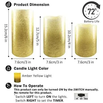 FURORA LIGHTING Gold Ombre Real Wax LED Pillar Candles Pack of 3, Slow-Crafted Glitter Flameless Candles with 5/19 Timer for Home Décor, Battery Included