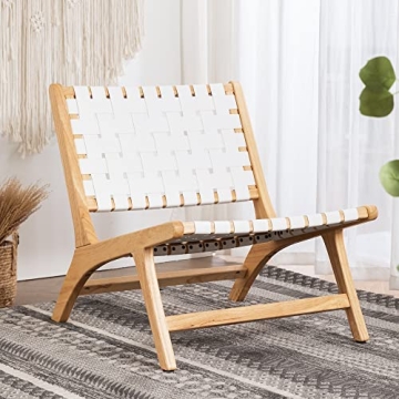 LUE BONA Faux Leather Woven Accent Chair White, Midcentury Modern Accent Chair, Cognac Leather and B...