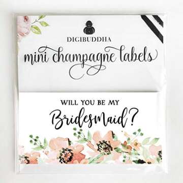 Will You Be My Bridesmaid? Set of 10 Mini Champagne Labels Bride Proposal Asking Sister, Best Friend, Favorite Ladies Maid Matron of Honor To Plan Wedding 3.5" x 1.75" Lovely Floral Mini Wine Sticker