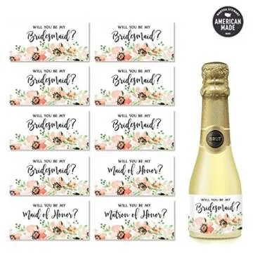 Will You Be My Bridesmaid? Set of 10 Mini Champagne Labels Bride Proposal Asking Sister, Best Friend, Favorite Ladies Maid Matron of Honor To Plan Wedding 3.5" x 1.75" Lovely Floral Mini Wine Sticker