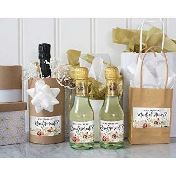 Will You Be My Bridesmaid? Set of 10 Mini Champagne Labels Bride Proposal Asking Sister, Best Friend, Favorite Ladies Maid Matron of Honor To Plan Wedding 3.5" x 1.75" Lovely Floral Mini Wine Sticker