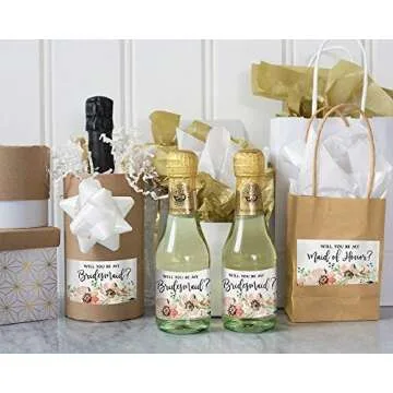 Will You Be My Bridesmaid? Set of 10 Mini Champagne Labels Bride Proposal Asking Sister, Best Friend, Favorite Ladies Maid Matron of Honor To Plan Wedding 3.5" x 1.75" Lovely Floral Mini Wine Sticker