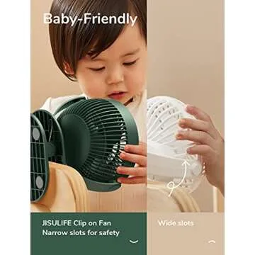 JISULIFE Clip on Baby Stroller Fan, 4000mAh Battery Operated, Portable Personal Small, Quiet & Narrow Slot Design, 4 Speeds, Max 14 Hrs, Ideal for Bed, Desk, Car Seat - Dark Green