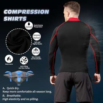Men's Compression Shirts Long Sleeve Athletic Workout Tops Gym Undershirts Active Sports Baselayers B Red