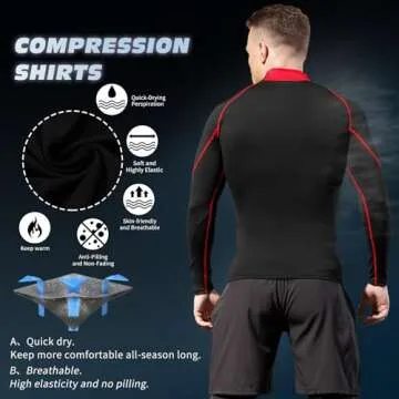 Men's Compression Shirts Long Sleeve Athletic Workout Tops Gym Undershirts Active Sports Baselayers B Red