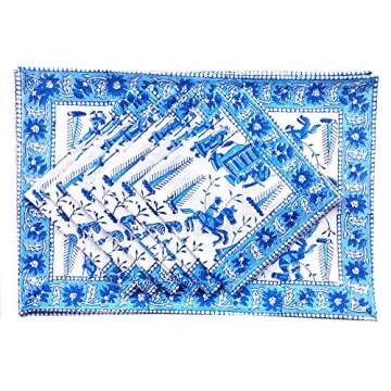 Rastogi Handicrafts Hand Block 100% Cotton Indian Style Theme Dining Table Mats and Napkins Set of 6...