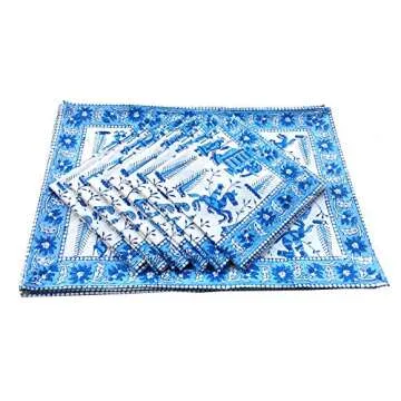 Rastogi Handicrafts Hand Block 100% Cotton Indian Style Theme Dining Table Mats and Napkins Set of 6 Place-mats Runners (Blue 6)
