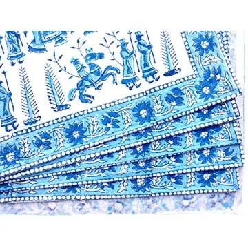 Rastogi Handicrafts Hand Block 100% Cotton Indian Style Theme Dining Table Mats and Napkins Set of 6 Place-mats Runners (Blue 6)