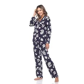 white mark Women's Super Soft Floral Long Sleeve Top and Full-Length Pajama Bottoms Set with front Pocket Navy
