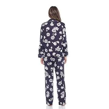 white mark Women's Super Soft Floral Long Sleeve Top and Full-Length Pajama Bottoms Set with front Pocket Navy