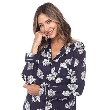 white mark Women's Super Soft Floral Long Sleeve Top and Full-Length Pajama Bottoms Set with front Pocket Navy