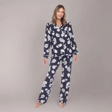 white mark Women's Super Soft Floral Long Sleeve Top and Full-Length Pajama Bottoms Set with front Pocket Navy