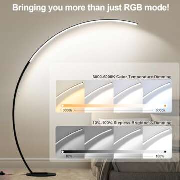 RGB Floor Lamp with 3 Color Temperatures, Ultra Bright 1800LM Smart Arc LED Floor Lamp with Remote Control, Music Sync, Scene Modes, Modern Standing Tall Lamp for Bedroom Living Room Gaming Rooms