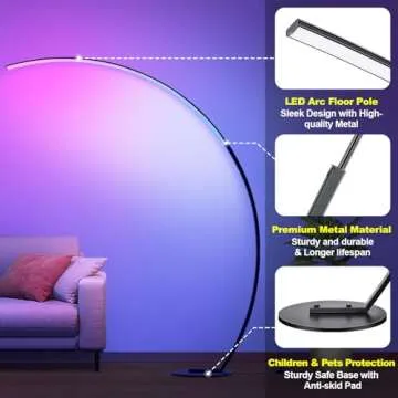 RGB Floor Lamp with 3 Color Temperatures, Ultra Bright 1800LM Smart Arc LED Floor Lamp with Remote Control, Music Sync, Scene Modes, Modern Standing Tall Lamp for Bedroom Living Room Gaming Rooms