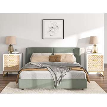 LITTLE TREE Nightstand with 3 Drawers,Modern Bedside Table with Unique Zig Zag Design, White and Gol...