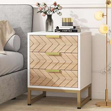 LITTLE TREE Nightstand with 3 Drawers,Modern Bedside Table with Unique Zig Zag Design, White and Gold Side End Table for Bedroom Living Room