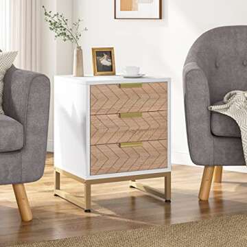 LITTLE TREE Nightstand with 3 Drawers,Modern Bedside Table with Unique Zig Zag Design, White and Gold Side End Table for Bedroom Living Room