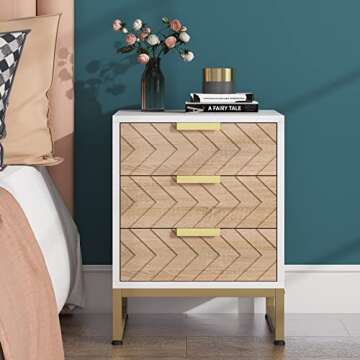 LITTLE TREE Nightstand with 3 Drawers,Modern Bedside Table with Unique Zig Zag Design, White and Gold Side End Table for Bedroom Living Room