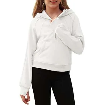 Doshoop Girls Half Ziper Collar Cropped Hoodies Long Sleeve Fleece Zip Up Pullover Sweatshirts White