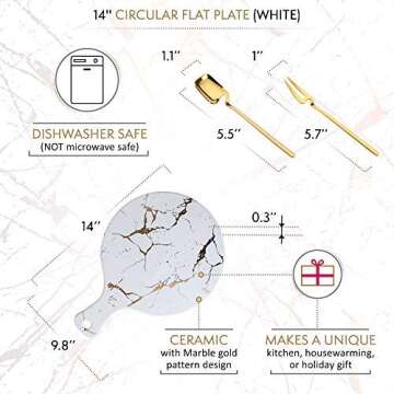Baroque Royal Round Ceramic Serving Platter Tray with Gold Marble Pattern, Bonus 2-Piece Dessert Flatware Set, (Round, White)