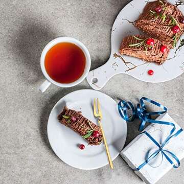 Baroque Royal Round Ceramic Serving Platter Tray with Gold Marble Pattern, Bonus 2-Piece Dessert Flatware Set, (Round, White)