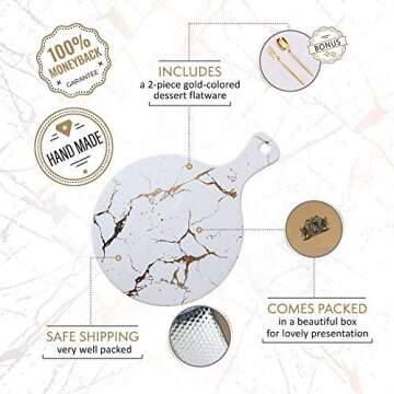 Baroque Royal Round Ceramic Serving Platter Tray with Gold Marble Pattern, Bonus 2-Piece Dessert Flatware Set, (Round, White)