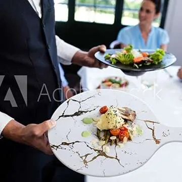 Baroque Royal Round Ceramic Serving Platter Tray with Gold Marble Pattern, Bonus 2-Piece Dessert Flatware Set, (Round, White)