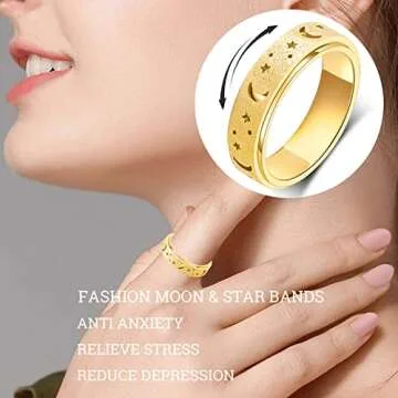 OreilleStar Anxiety Ring for Women Spinner Ring Fidget Thumb Rings Gold Stainless Steel Band Moon Star Fidget Toys Adults