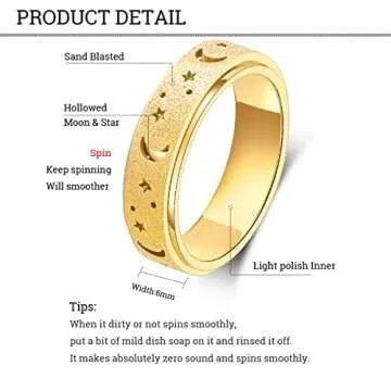 OreilleStar Anxiety Ring for Women Spinner Ring Fidget Thumb Rings Gold Stainless Steel Band Moon Star Fidget Toys Adults