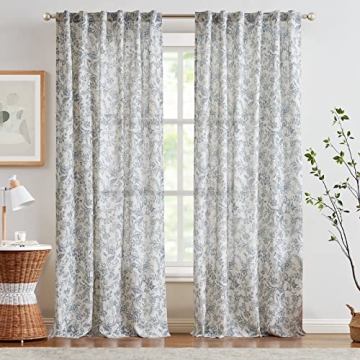 Lazzzy Farmhouse Blue Floral Linen Curtains 84 inches Long