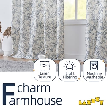 Lazzzy Farmhouse Blue Floral Linen Curtains 84 inches Long