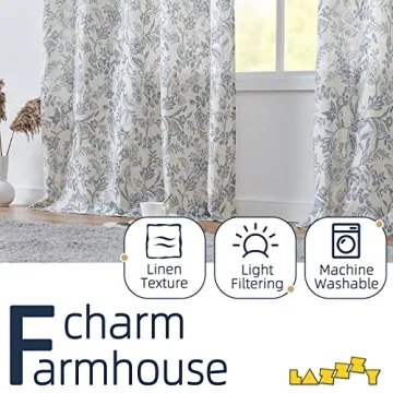 Lazzzy Farmhouse Blue Floral Linen Curtains 84 inches Long