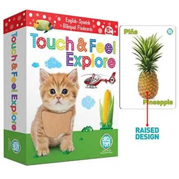 My Touch and Feel English Spanish Bilingual Picture Double Sided Sensory Flash Cards for Infant, Toddlers, Kids, Learn Animals, Fruits, Objects and Vehicles, Fun Learning and Educational Flashcards
