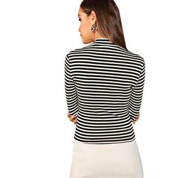 Floerns Women's High Neck Long Sleeve Slim Fit Stretch Striped T-Shirts Black and White, S