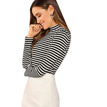 Floerns Women's High Neck Long Sleeve Slim Fit Stretch Striped T-Shirts Black and White, S