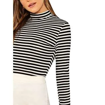 Floerns Women's High Neck Long Sleeve Slim Fit Stretch Striped T-Shirts Black and White, S