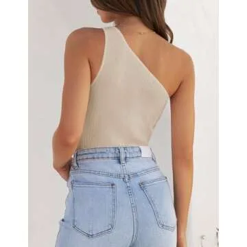 ZESICA Women's One Shoulder Tank Summer Sleeveless T Shirt Ribbed Knit Slim Fit Sexy Casual Basic Tee Tops,Apricot,Small