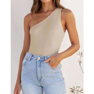ZESICA Women's One Shoulder Tank Summer Sleeveless T Shirt Ribbed Knit Slim Fit Sexy Casual Basic Tee Tops,Apricot,Small