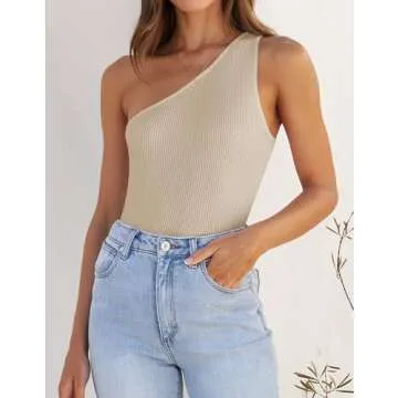 ZESICA Women's One Shoulder Tank Summer Sleeveless T Shirt Ribbed Knit Slim Fit Sexy Casual Basic Tee Tops,Apricot,Small
