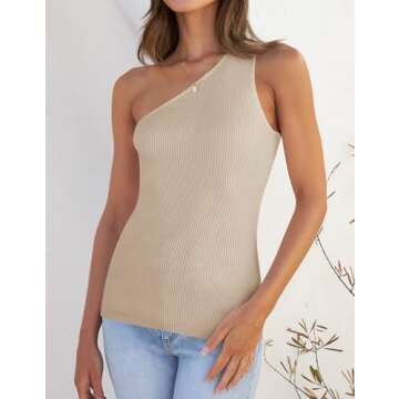 ZESICA Women's One Shoulder Tank Summer Sleeveless T Shirt Ribbed Knit Slim Fit Sexy Casual Basic Tee Tops,Apricot,Small