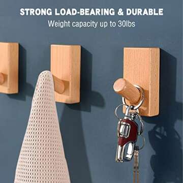 QUELLANCE Wood Wall Hooks for Hanging - 4 Pack Utility Hooks Coat Hooks Wall Mounted, Robe & Towel H...