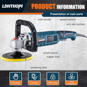 LDHTHOPI Buffer Polisher, 1600W 7 Inch/6 Inch Rotary Buffer Polisher Waxer, 7 Variable Speed 1000-3500 RPM, Detachable Handle for Car, Boat Sanding, Polishing, Waxing