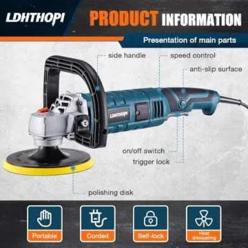 LDHTHOPI Buffer Polisher, 1600W 7 Inch/6 Inch Rotary Buffer Polisher Waxer, 7 Variable Speed 1000-3500 RPM, Detachable Handle for Car, Boat Sanding, Polishing, Waxing