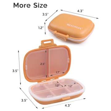 MEACOLIA Travel Pill Organizer, 1 Pack 8 Compartments Daily Pill Case Small Pill Box for Pocket Purse, Portable Pill Container Medicine Vitamin Organizer (Yellow)