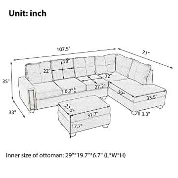 Merax 107.5" L-Shaped Sectional Sofa with Chaise