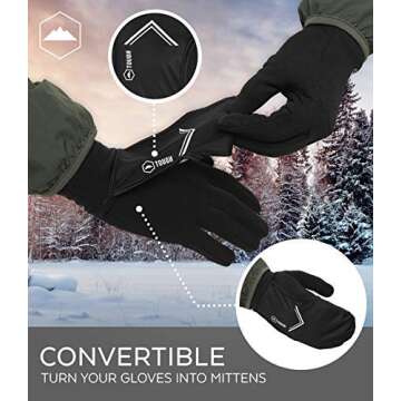 Tough Outdoors Running Mitten Gloves with Touch Screen - Winter Glove Liners with Convertible Mittens Cover for Texting