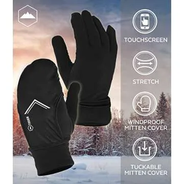 Tough Outdoors Running Mitten Gloves with Touch Screen - Winter Glove Liners with Convertible Mittens Cover for Texting