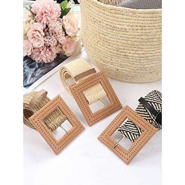 WILLBOND 3 Pcs Straw Woven Belt Boho Waist Belt Wooden Buckle for Women(Medium)